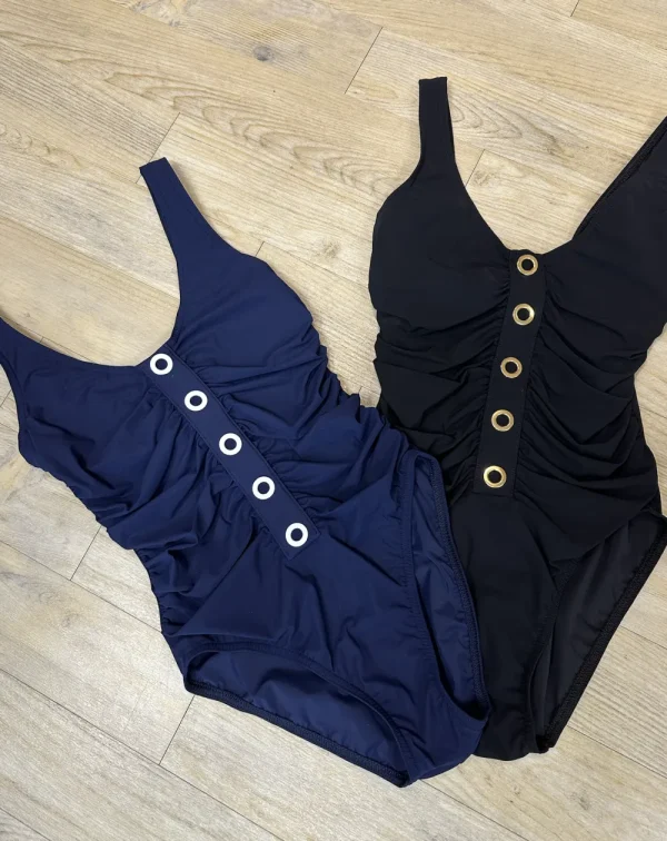 New Karla Colletto Lucy Grommet 1pc Blk/Gold or Navy/White Exclusive Full Coverage | Bikinis