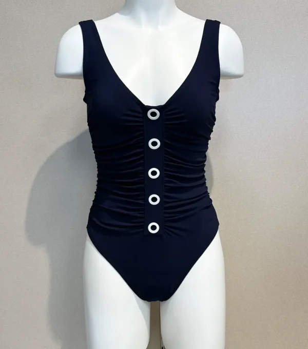 New Karla Colletto Lucy Grommet 1pc Blk/Gold or Navy/White Exclusive Full Coverage | Bikinis