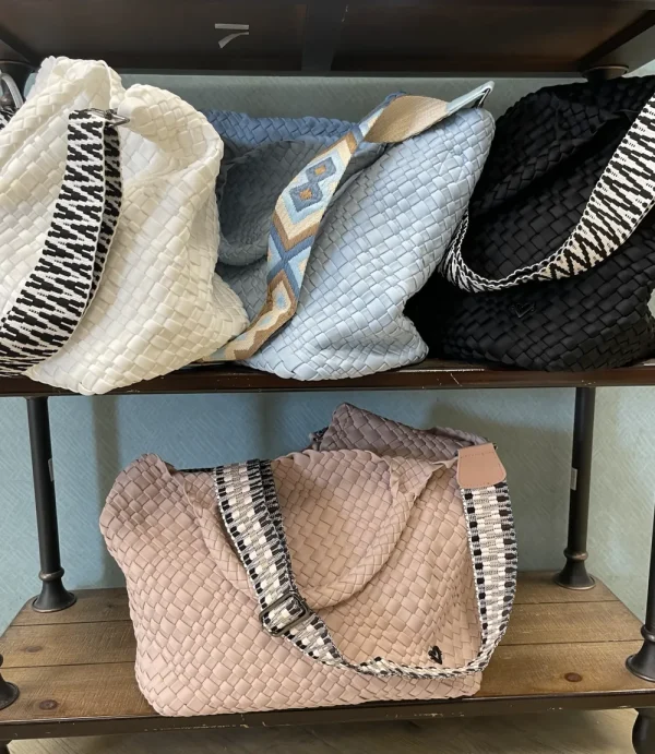 Best London Woven Tote in Black, White, Baby Blue, or Dusty Pink Beach Bags | Accessories